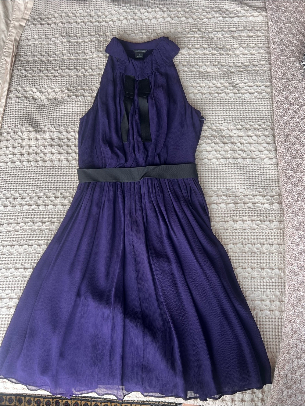 Club Monaco Purple Pleated Halter Dress with Black Waist and Tie